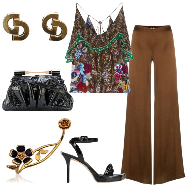 Outfit donna - Total look #1671939. Stile Trendy per Serata fuori. Abbinamento con top, pantaloni a palazzo, braccialetti, orecchini, sandali in pelle, borse a spalla.