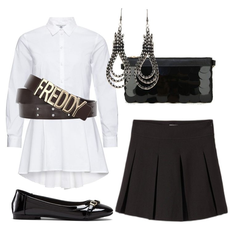 Outfit donna - Stasera in minigonna. Stile Trendy per Serata fuori. Abbinamento con camicie, ballerine, gonne, cinture, pochette, orecchini.