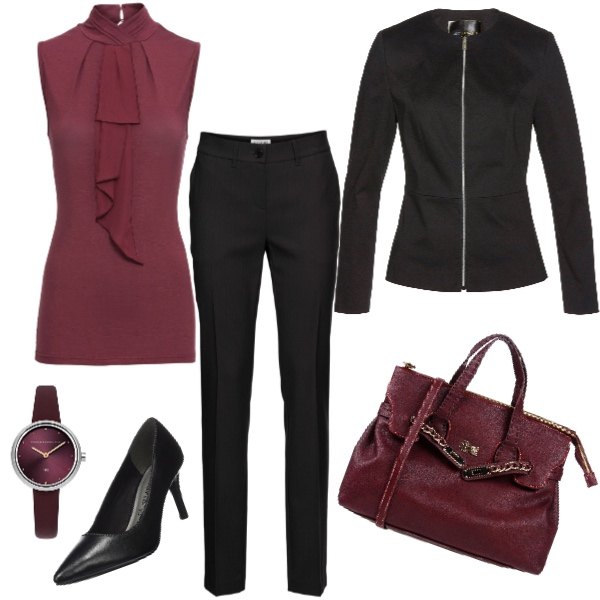 Outfit donna - Ritorno sui libri. Stile Basic per Scuola/Università. Abbinamento con pantaloni, top, blazer con zip nero, borsa a mano taglia media con zip interno foderato in pelle sintetica tinta unita, scarpe con tacco nero, orologio.