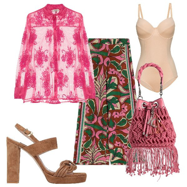 Outfit donna - Total look #1672020. Stile Boho per Serata fuori. Abbinamento con body, borse a secchiello, sandali in pelle, pantaloni a palazzo, camicie.