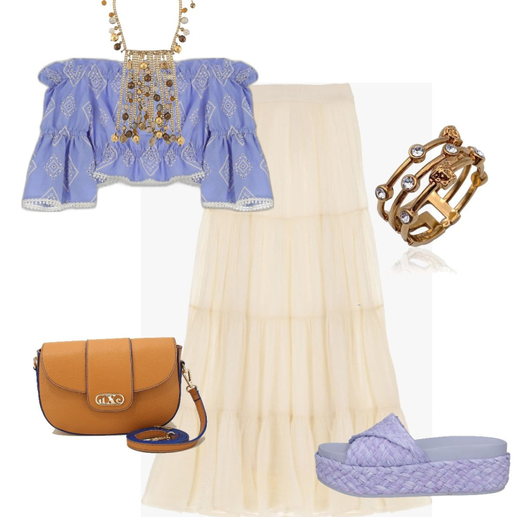 Outfit donna - Romanticamente Bohèmien. Stile Boho per Tutti i giorni. Abbinamento con gonne lunghe, pochette, top, anelli, collane, espadrillas.
