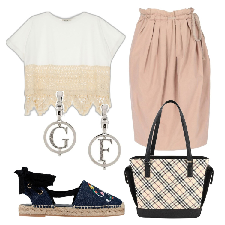 Outfit donna - Espadrillas. Stile Casual chic per Tutti i giorni. Abbinamento con t-shirt, espadrillas, orecchini, gonne longuette, borse a spalla.