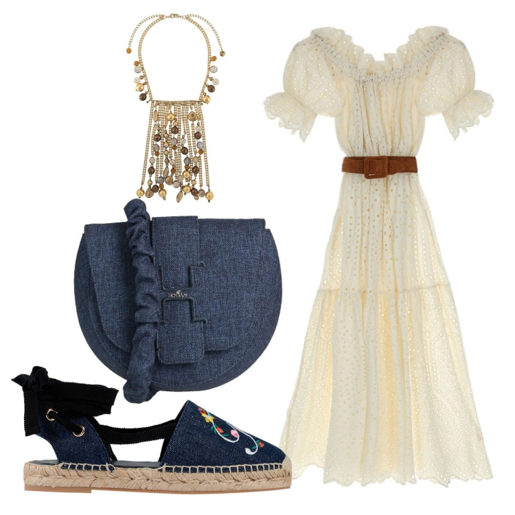 Outfit donna - Espadrillas e sangallo. Stile Chic per Tutti i giorni. Abbinamento con vestiti midi/longuette, espadrillas, collane, borse a tracolla.