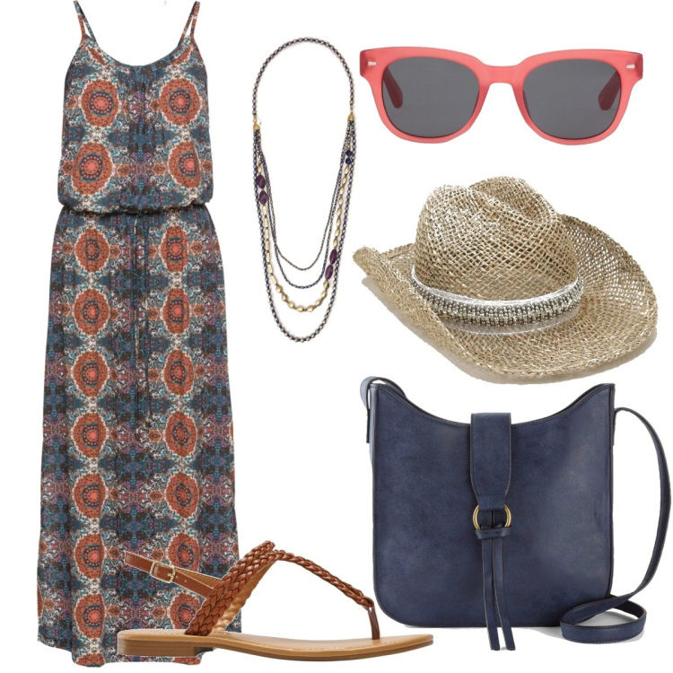 Outfit donna - Total look #1672069. Stile Boho per Tutti i giorni. Abbinamento con vestiti lunghi, ciabatte, borse a tracolla, occhiali da sole, cappelli, collane.