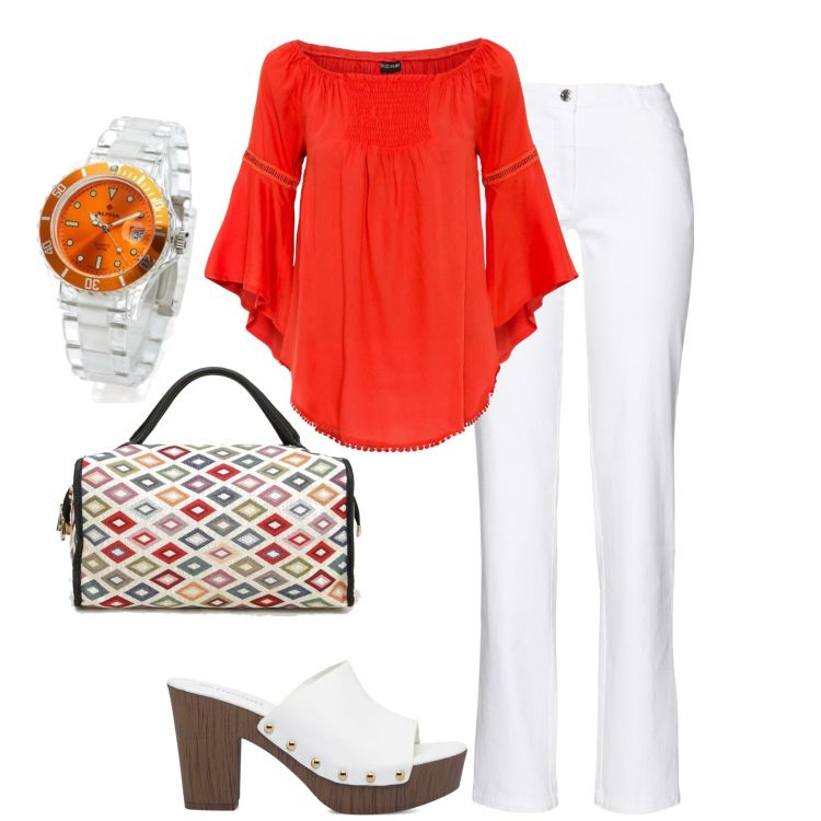 Outfit donna - Il top arancio. Stile Trendy per Tutti i giorni. Abbinamento con pantaloni, bluse, borse a mano, sandali col tacco, orologi.