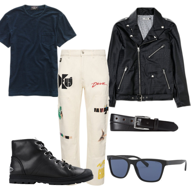 Outfit uomo - Al concerto di Vasco. Stile Biker Rock per Serata speciale. Abbinamento con stivali e stivaletti, giacche, t-shirt, occhiali da sole, cinture, pantaloni.