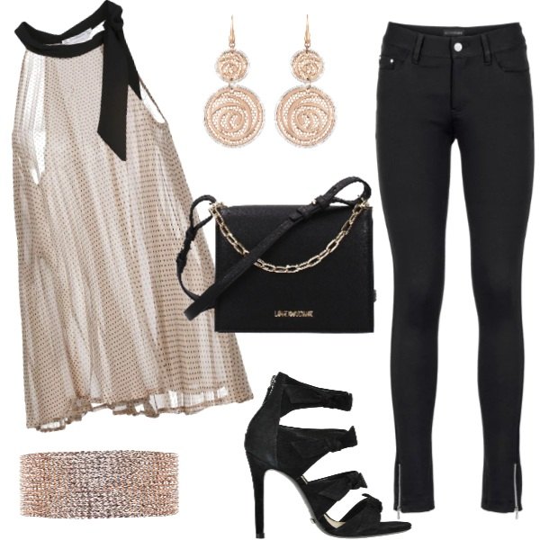 Outfit donna - Black and gold. Stile Trendy per Serata fuori. Abbinamento con pantaloni, top con fiocco a pois chiffon, collana con strass e gancio maglia, borsa a tracolla nero, orecchini, sandali con plateau effetto scamosciato con tacco spillo e zip.