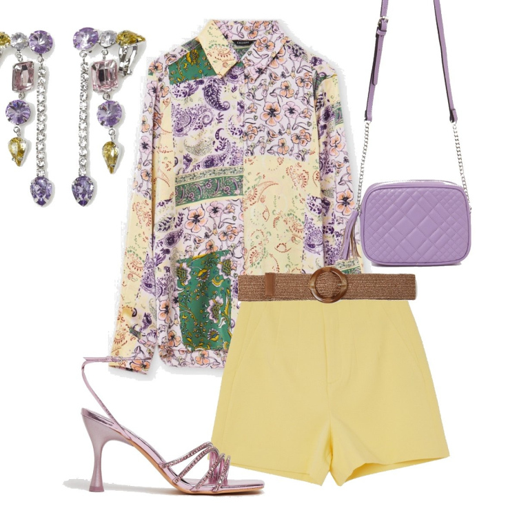 Outfit donna - Camicia floreale. Stile Casual chic per Tutti i giorni. Abbinamento con pantaloni corti, camicie, borse a tracolla, sandali col tacco, orecchini, cinture.