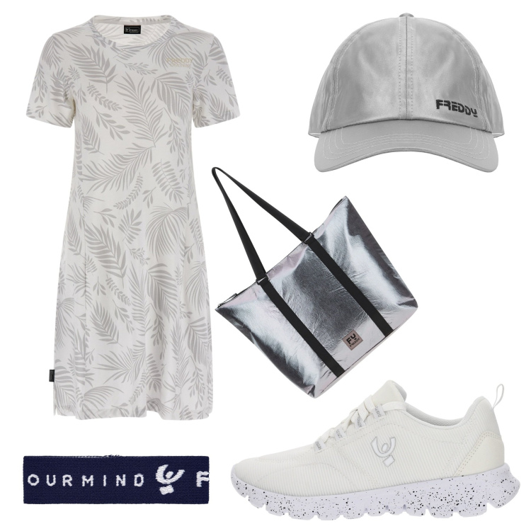 Outfit donna - Il vestito sportivo. Stile Urban per Tutti i giorni. Abbinamento con braccialetti, vestiti midi/longuette, sneakers, cappelli con visiera, borse tote.