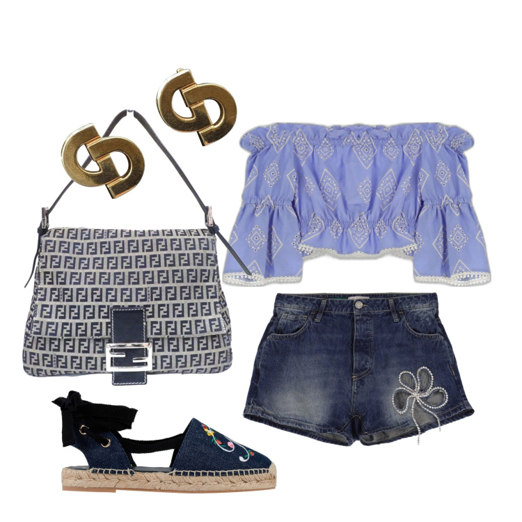 Outfit donna - Ghost outfitter - luglio. Stile Casual per Tutti i giorni. Abbinamento con shorts, top, espadrillas, orecchini, borse a spalla.