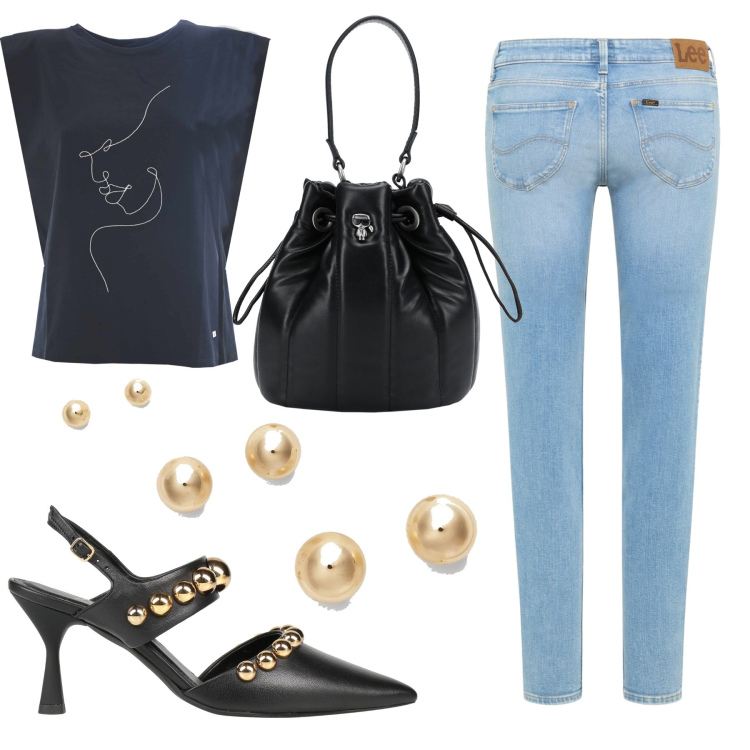 Outfit donna - Un jeans e una maglietta. Stile Casual chic per Tutti i giorni. Abbinamento con décolleté, borse a mano, orecchini, t-shirt, jeans skinny.
