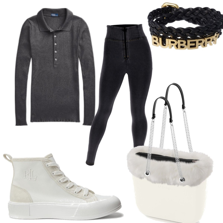 Outfit donna - Bracciale Burberry. Stile Sporty chic per Tutti i giorni. Abbinamento con jeggings, sneakers, polo, borse a spalla, braccialetti.
