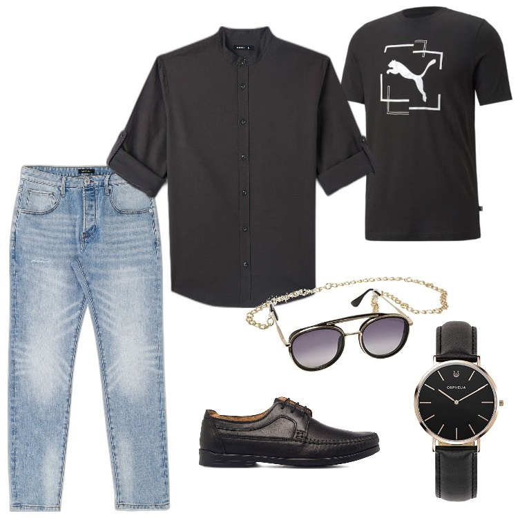 Outfit uomo - Total look #1672355. Stile Trendy per Tutti i giorni. Abbinamento con camicie, jeans dritti, t-shirt, scarpe stringate, orologi analogici, occhiali da sole.