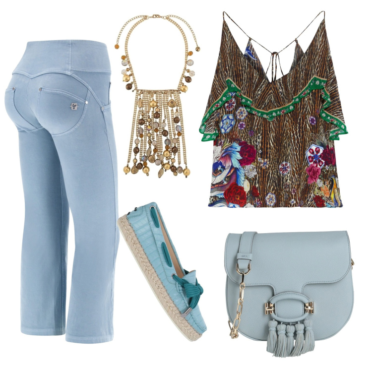 Outfit donna - Domani in ufficio. Stile Casual chic per Ufficio. Abbinamento con top, borse a tracolla, collane, espadrillas, pantaloni.