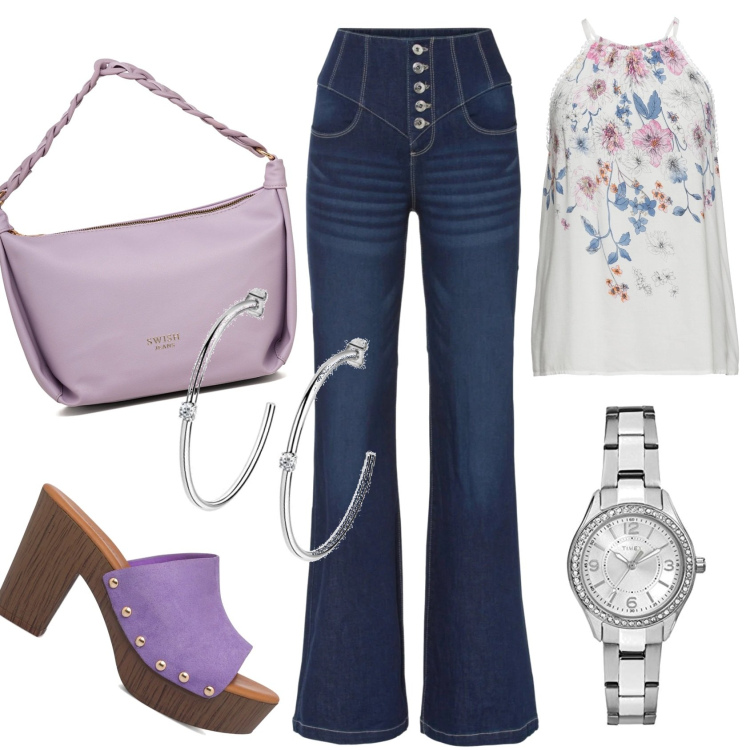 Outfit donna - Jeans vita alta. Stile Casual per Tutti i giorni. Abbinamento con top, jeans a zampa, sandali col tacco, borse a mano, orologi analogici, orecchini.
