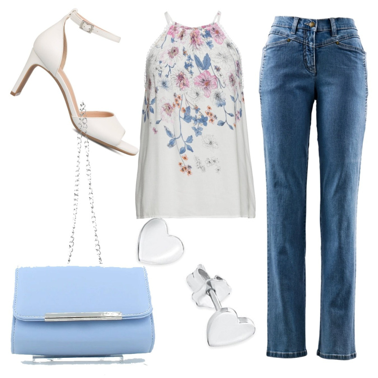Outfit donna - Aperitivo al top. Stile Casual chic per Tutti i giorni. Abbinamento con top, jeans dritti, clutch, sandali in pelle, orecchini.
