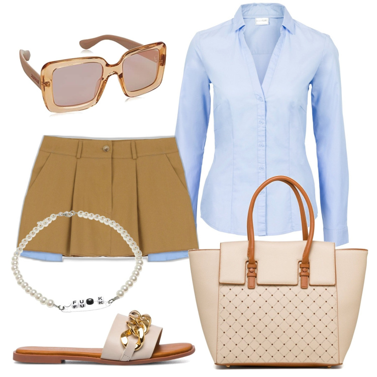 Outfit donna - La mini con le pence. Stile Basic per Ufficio. Abbinamento con camicie, minigonne, sandali in pelle, borse a mano, occhiali da sole, collane.