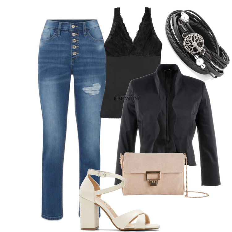 Outfit donna - Sexy con prudenza Bonprix.. Stile Sexy per Serata fuori. Abbinamento con top, braccialetti, blazer, jeans boyfriend, sandali col tacco, pochette.