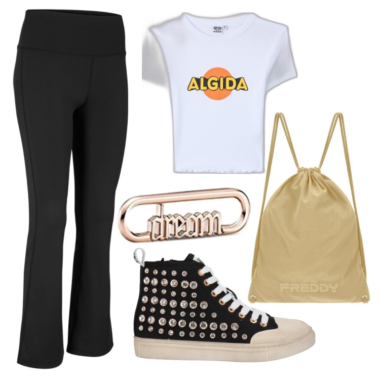 Outfit donna - First kiss ️. Stile Rock per Tutti i giorni. Abbinamento con pantaloni sportivi, sneakers alte, t-shirt, zaini, braccialetti.
