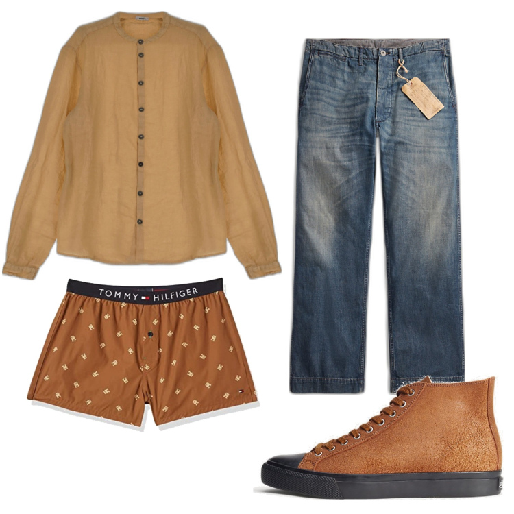 Outfit uomo - Buonasera. Stile Trendy per Serata speciale. Abbinamento con camicie, sneakers, pantaloni chino, boxer.