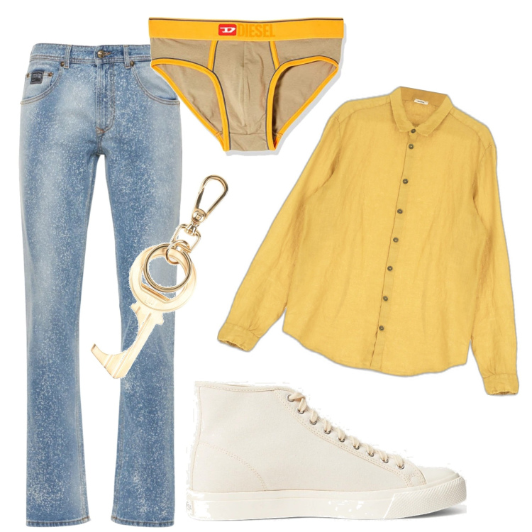 Outfit uomo - Total look #1672549. Stile Trendy per Tutti i giorni. Abbinamento con portachiavi, camicie, sneakers, jeans, slip.