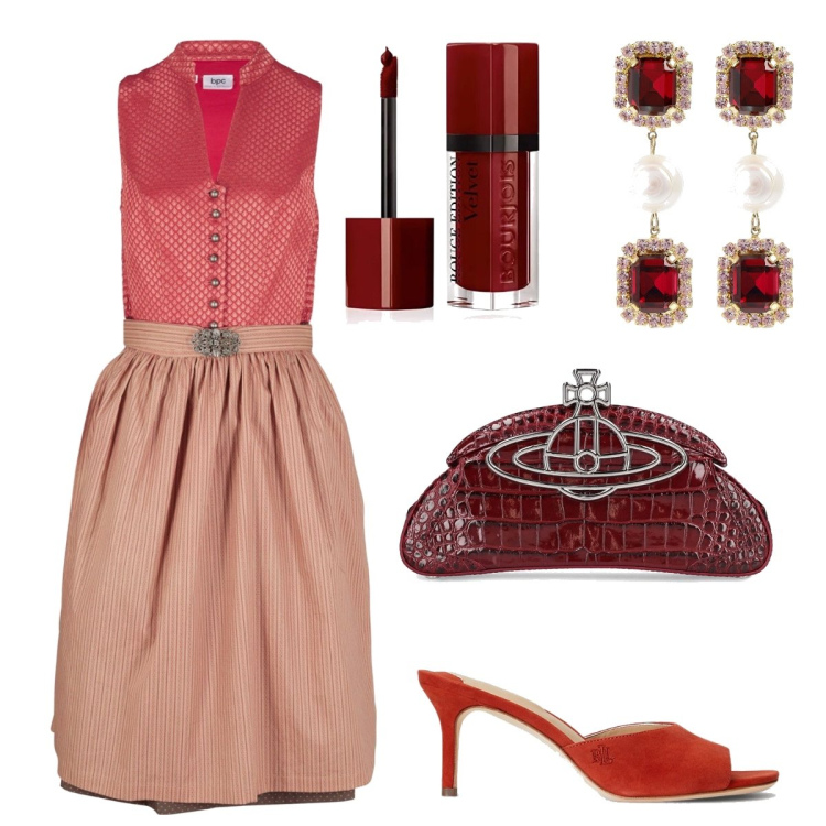Outfit donna - Rosso intenso. Stile Chic per Cerimonia. Abbinamento con vestiti midi/longuette, sandali, rossetti, pochette, orecchini.