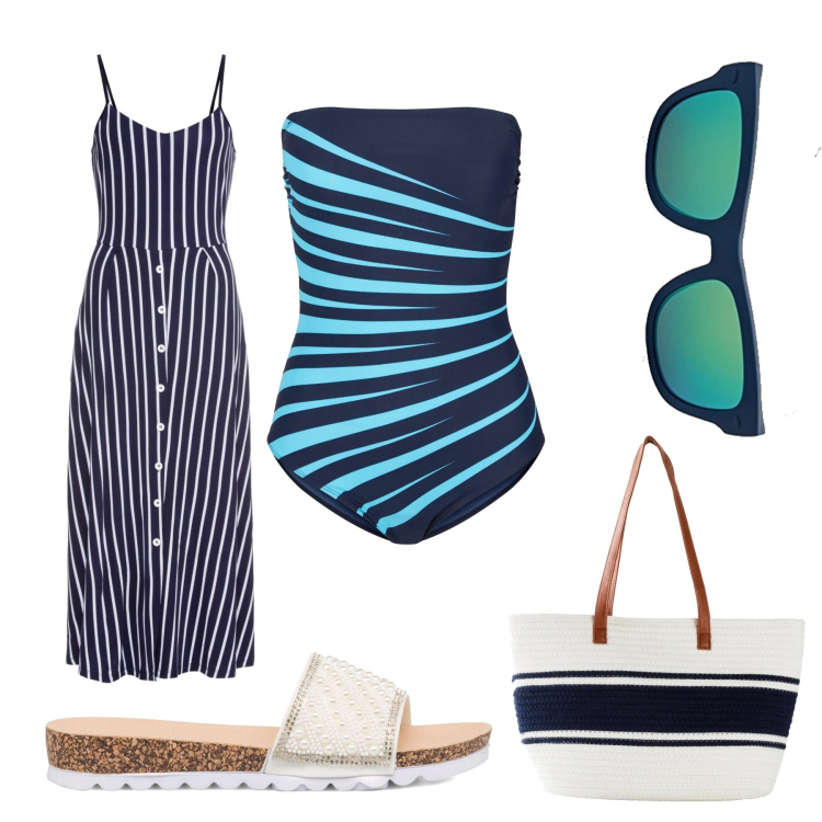 Outfit donna - Mare a righe. Stile Casual chic per Mare. Abbinamento con costumi interi, vestiti midi/longuette, shopping bag, ciabatte, occhiali da sole.