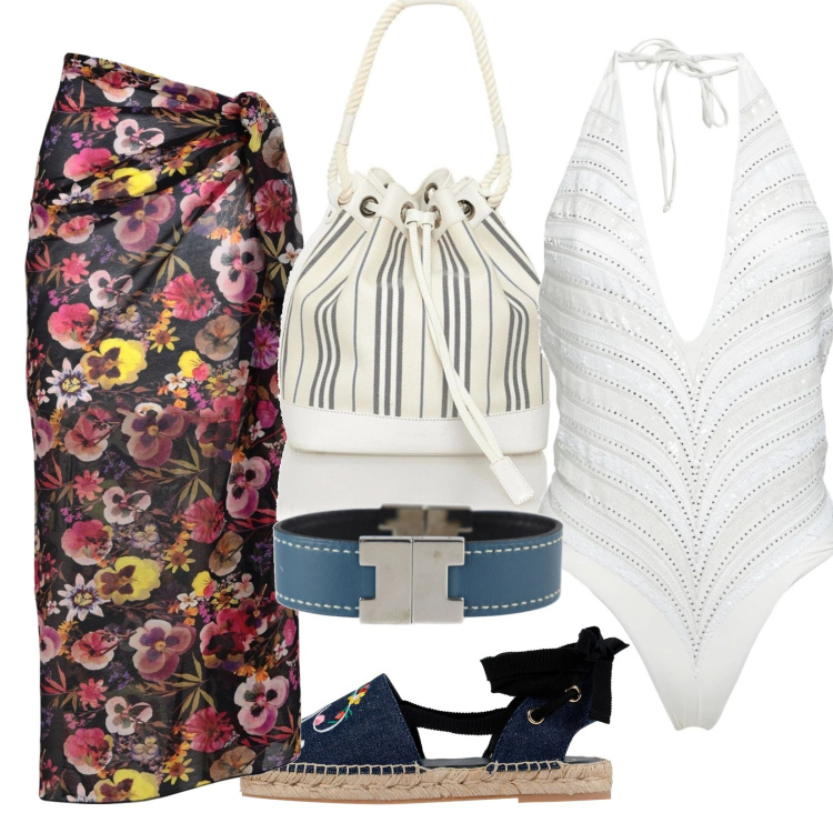 Outfit donna - Total look #1672639. Stile Casual chic per Mare. Abbinamento con espadrillas, vestiti da spiaggia, costumi interi, borse a mano, braccialetti.