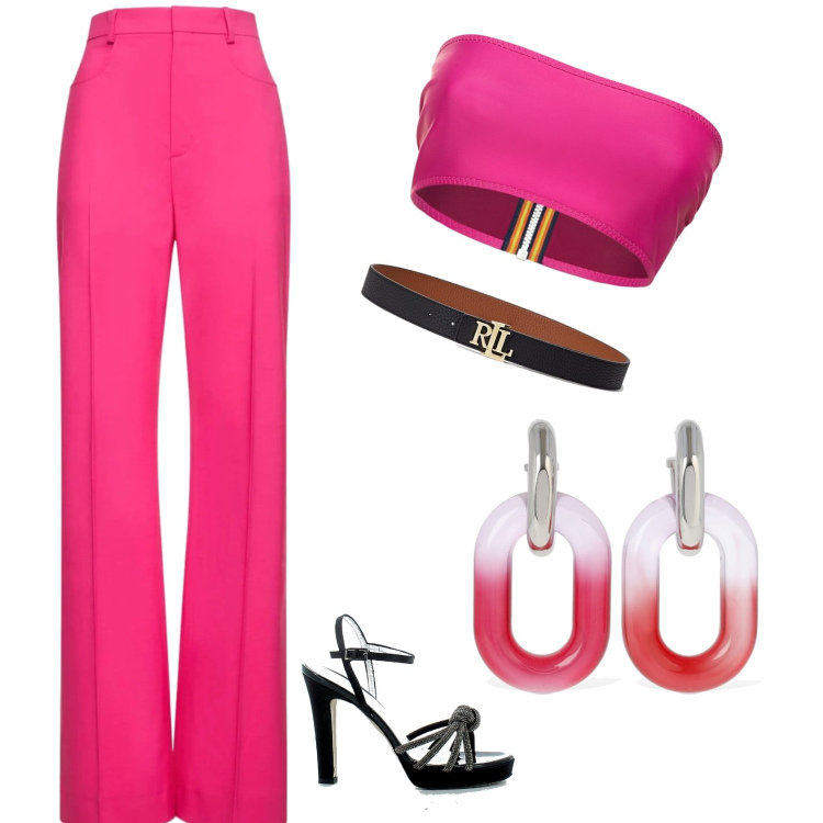 Outfit donna - Total look #1672734. Stile Chic per Serata fuori. Abbinamento con sandali col tacco, cinture, orecchini, top, pantaloni.