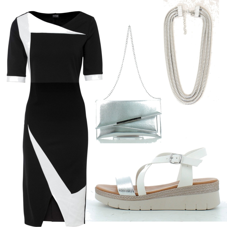 Outfit donna - Bianco nero e argento. Stile Vintage retrò per Serata fuori. Abbinamento con vestiti a tubino, clutch, zeppe, collane.