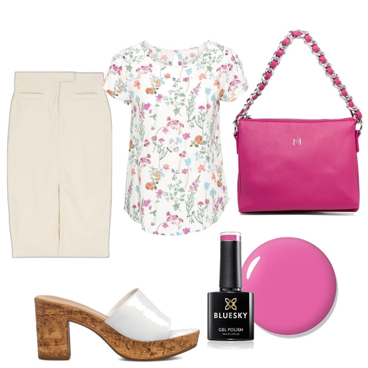 Outfit donna - Total look #1672818. Stile Romantica per Ufficio. Abbinamento con bluse, gonne longuette, sandali in pelle, borse a tracolla, smalti.