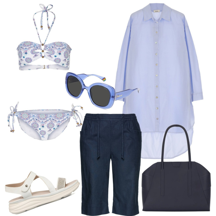 Outfit donna - Curvy al mare e dopo il brunch. Stile Casual per Tutti i giorni. Abbinamento con bermuda, bikini, vestiti asimmetrici, sandali in pelle, borse a spalla, occhiali da sole.
