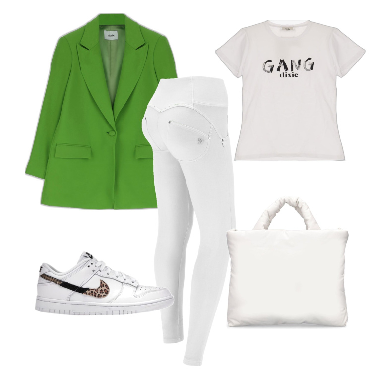 Outfit donna - Total look #1672877. Stile Casual Abbinamento con sneakers, pantaloni skinny, giacche, t-shirt, shopping bag.