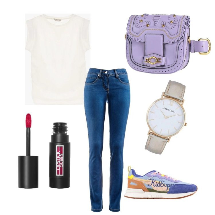 Outfit donna - Total look #1672890. Stile Casual per Tutti i giorni. Abbinamento con jeans dritti, marsupi, sneakers, canottiere, orologi analogici, rossetti.