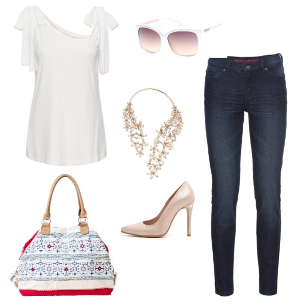 Outfit donna - Decolleté nude. Stile Basic per Tutti i giorni. Abbinamento con jeans skinny, top con spalline jersey bianco, collana, borsa a mano lunga fantasia beige, occhiali da sole, décolleté glitter rosa.