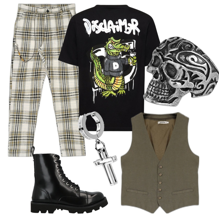 Outfit uomo - A tutto rock!. Stile Biker Rock per Tutti i giorni. Abbinamento con pantaloni, gilet, stivali e stivaletti, orecchini, t-shirt, anelli.