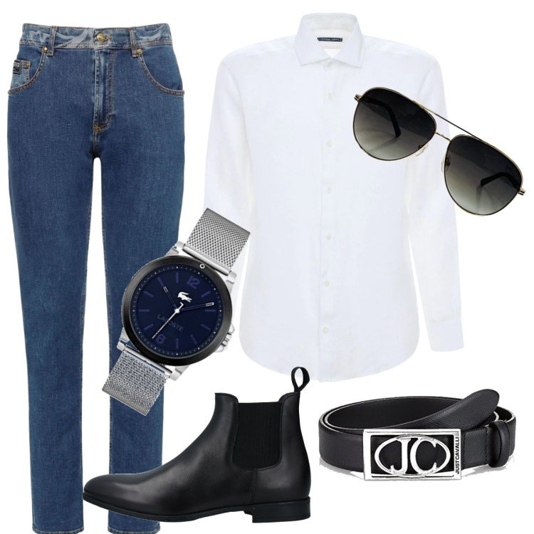 Outfit uomo - Total look easy. Stile Urban per Tutti i giorni. Abbinamento con stivali e stivaletti, camicie, occhiali da sole, jeans, orologi analogici, cinture.