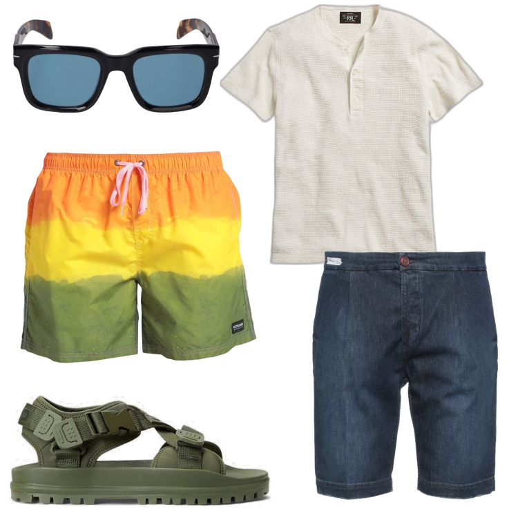 Outfit uomo - Total look #1672922. Stile Trendy per Mare. Abbinamento con shorts, costumi, t-shirt, sandali, occhiali da sole.