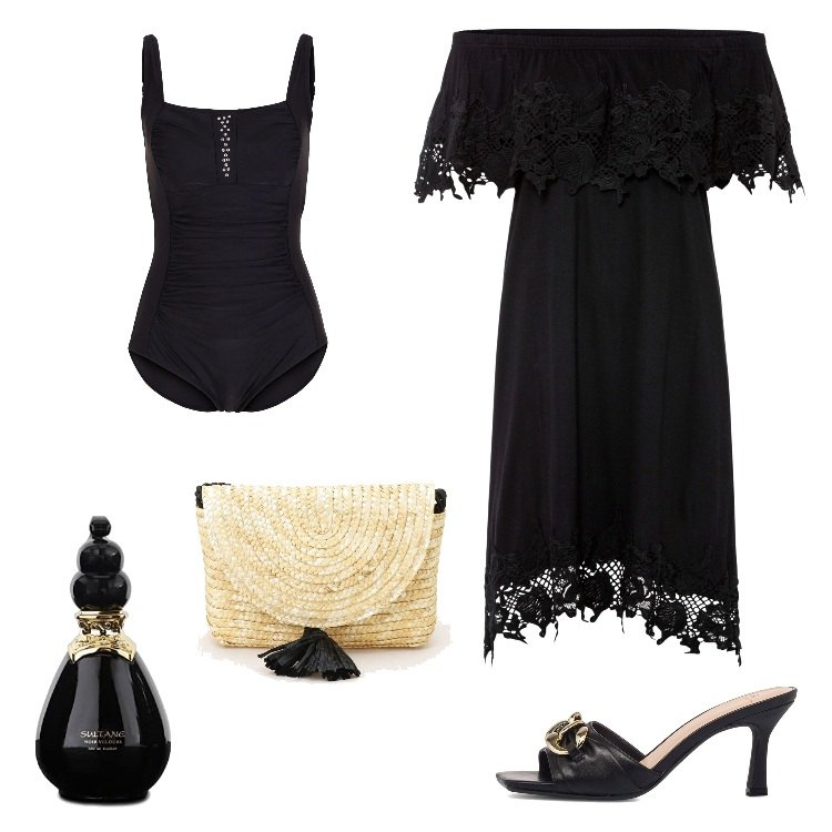 Outfit donna - Divina e Misteriosa. Stile Boho per Mare. Abbinamento con costumi interi, vestiti, pochette, sandali in pelle, profumi.