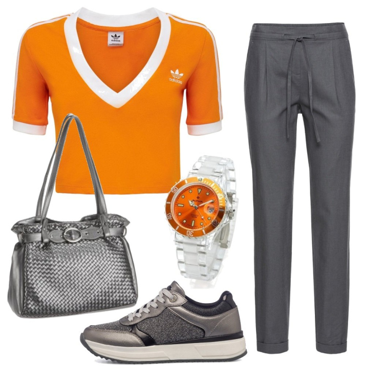 Outfit donna - Arancio vitaminico. Stile Sporty chic per Scuola/Università. Abbinamento con pantaloni, sneakers, orologi, borse sportive, t-shirt.