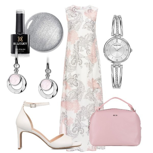 Outfit donna - romanticamente tua. Stile Romantica per Serata fuori. Abbinamento con vestiti lunghi, borse a mano, sandali in pelle, orologi analogici, orecchini, smalti.