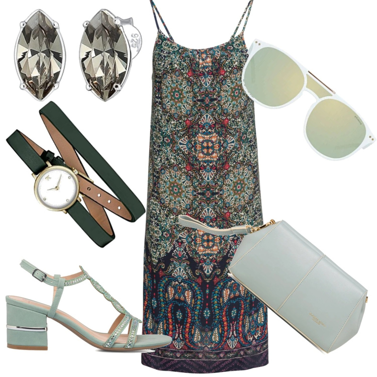 Outfit donna - Giornata estiva. Stile Minimal per Tutti i giorni. Abbinamento con vestiti, sandali in pelle, clutch, orecchini, occhiali da sole, orologi analogici.