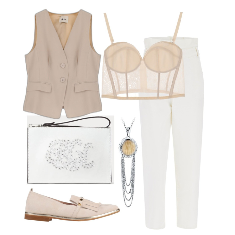 Outfit donna - Ghost outfitter - luglio. Stile Mannish per Tutti i giorni. Abbinamento con mocassini, jeans, top, gilet, pochette, ciondoli.