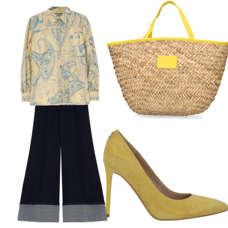 Outfit donna - Con il jeans a zampa. Stile 70s per Ufficio. Abbinamento con décolleté, jeans, camicie, shopping bag.