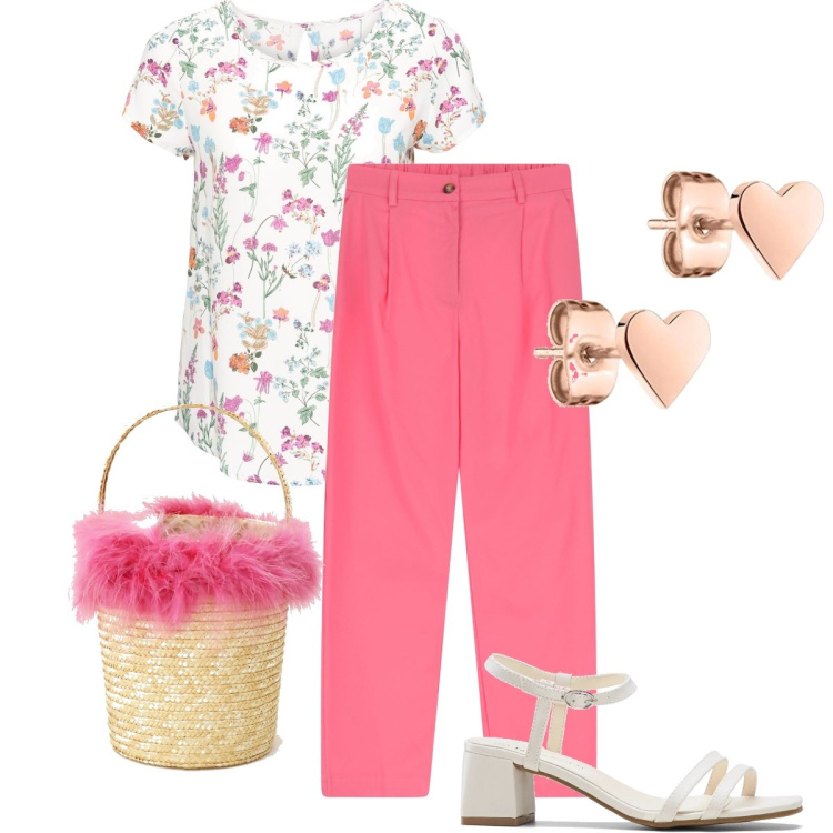 Outfit donna - Orecchini a cuore. Stile Bon Ton per Ufficio. Abbinamento con bluse, sandali col tacco, pantaloni, borse a secchiello, orecchini.