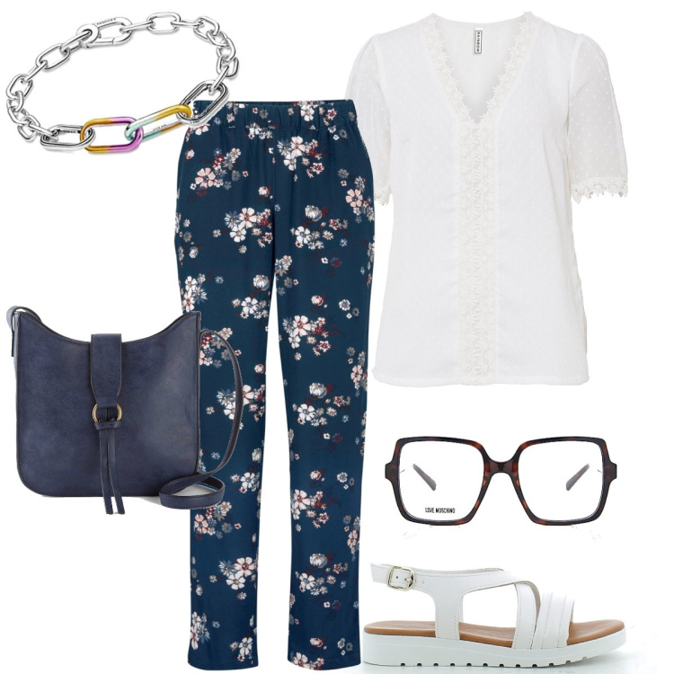 Outfit donna - Il bracciale a catena. Stile Basic per Ufficio. Abbinamento con pantaloni, bluse, borse a tracolla, sandali in pelle, braccialetti, occhiali.