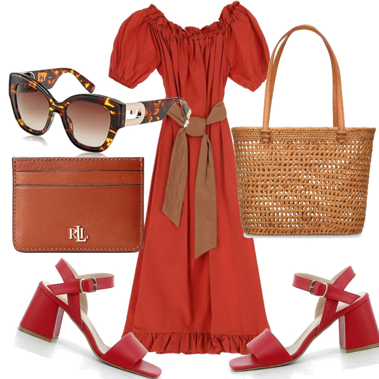 Outfit donna - Rosso porta fortuna. Stile Romantica per Tutti i giorni. Abbinamento con sandali in pelle, vestiti lunghi, portafogli, shopping bag, occhiali da sole.