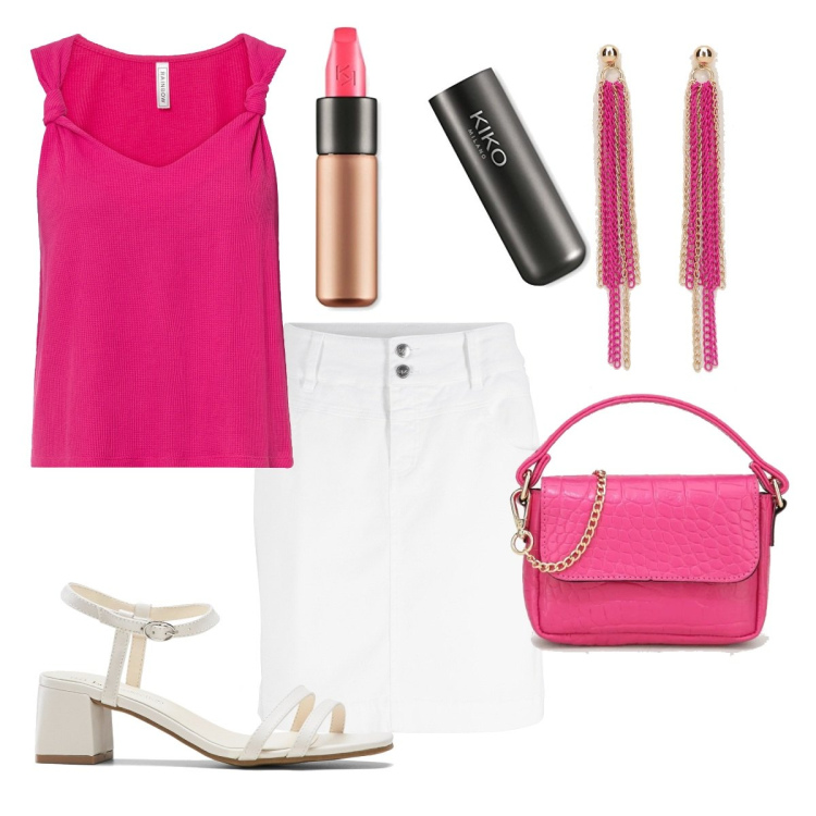 Outfit donna - Il top fucsia. Stile Basic per Serata fuori. Abbinamento con minigonne, top, sandali col tacco, pochette, orecchini, rossetti.