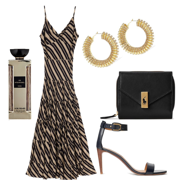 Outfit donna - Righe oblique. Stile Bon Ton per Serata fuori. Abbinamento con vestiti lunghi, portafogli, sandali in pelle, orecchini, profumi.
