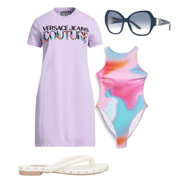 Outfit donna - In piscina. Stile Basic per Mare. Abbinamento con infradito, vestiti corti, occhiali da sole, costumi interi.